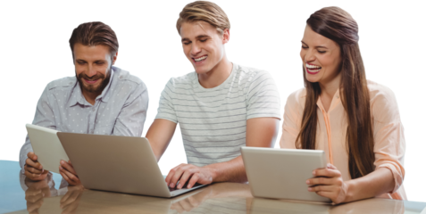Business people using technology while sitting against white background