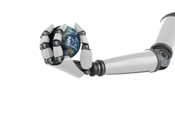 Digitally generated image of robot hand holding planet