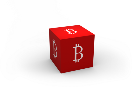 Big red cube with bitcoin logo on each side 