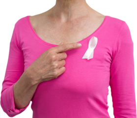 Woman in pink outfits showing ribbon for breast cancer awareness