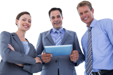 Business colleagues smiling at camera and holding tablet