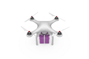 High angle view of quadcopter with gift box