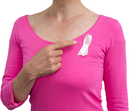 Woman in pink outfits showing ribbon for breast cancer awareness