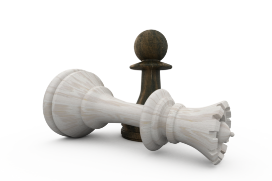 Black pawn standing over fallen white king