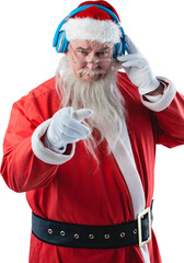 Portrait of Santa Claus listening to music on headphones while pointing