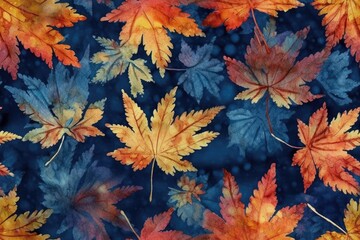 Naklejka na ściany i meble colorful autumn leaf arrangement on a rustic wooden table. Generative AI
