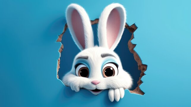 Bunny peeking out of a hole in blue wall. Created with Generative AI.