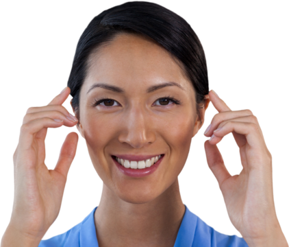 Close up portrait of smiling businesswoman adjusting invisible eyeglasses - Powered by Adobe