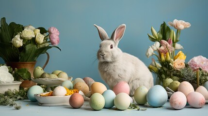 Fototapeta na wymiar Easter bunny surrounded by colorful eggs with flowers