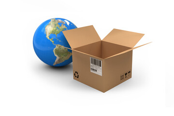 3D image of globe by open cardboard box