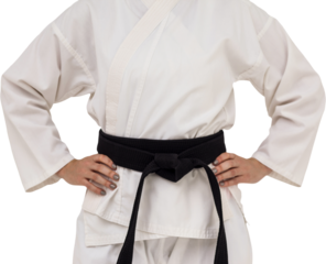 Female fighter standing with hand on hip