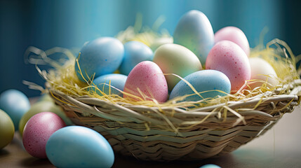 Fototapeta na wymiar Wicker Easter egg basket overflowing with more eggs around it