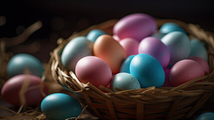 Fototapeta na wymiar Wicker Easter egg basket overflowing