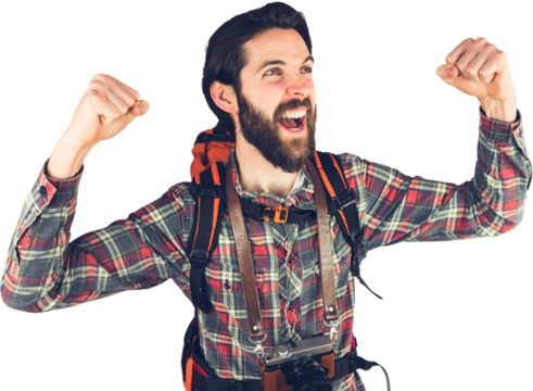 Excited hiker with arms raised  - Powered by Adobe