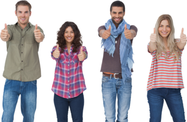 Fashionable friends looking at camera and giving thumbs up