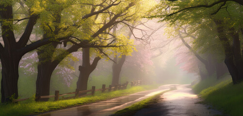 Road with a wooden fence at dawn in the spring forest. AI generated