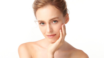 Fototapeta premium Beautiful young woman with clean fresh skin on white background, Face care, Facial treatment, Cosmetology, beauty and spa, women portrait.
