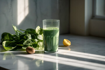 Glass with tasty spinach smoothie on the marble table in the kitchen, breakfast on a sunny morning