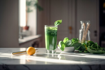 Glass with tasty spinach smoothie on the marble table in the kitchen, breakfast on a sunny morning