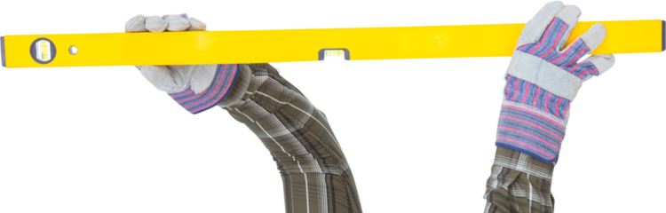 Hands wearing gloves holding yellow level