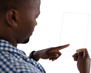 High angle view of businessman using transparent glass interface