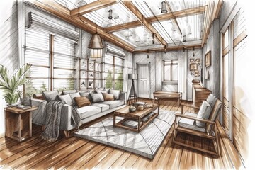 Architect interior designer concept hand drawn draft unfinished project becomes bohemian wooden living room with parquet and cane ceiling. Boho,. Generative AI