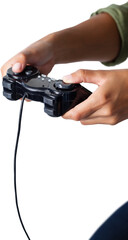 Woman playing video game against white background