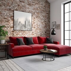 Interior design of modern apartment, living room with red corner sofa in front of red brick wall with picture frame. Home interior with wood coffee table. 3d rendering mockup made with generative ai 