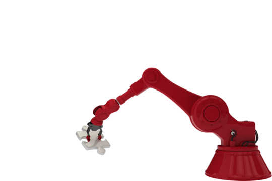 Red robotic hand picking up jigsaw puzzle piece - Powered by Adobe