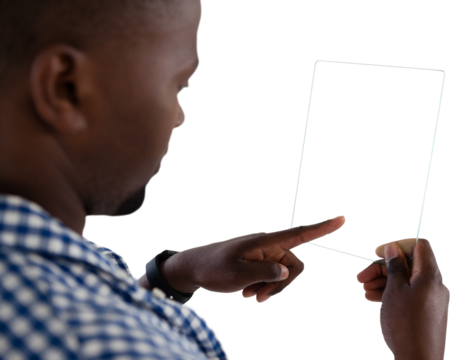 High angle view of businessman using transparent glass interface