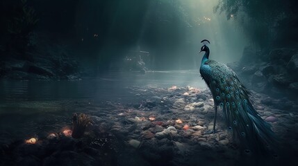 Peacock Amidst Pollution: Majestic Bird in a Littered Black Lake in 8K created with generative ai technology