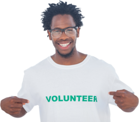 Handsome man pointing to his volunteer tshirt