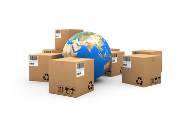 Fototapeta premium Digital composite image of globe with boxes