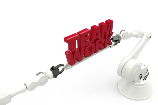 Close-up of robotic hand holding team work message