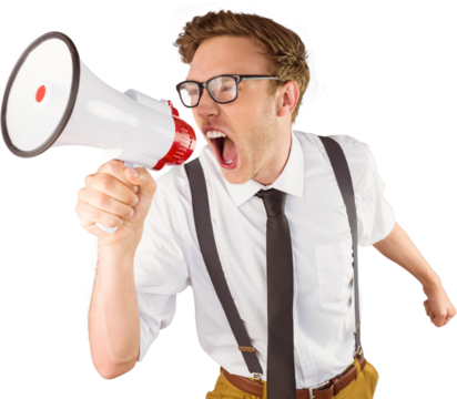 Geeky businessman shouting through megaphone - Powered by Adobe