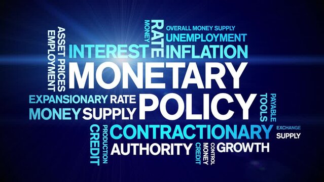 Monetary Policy animated tag word cloud;text design animation kinetic typography seamless loop.