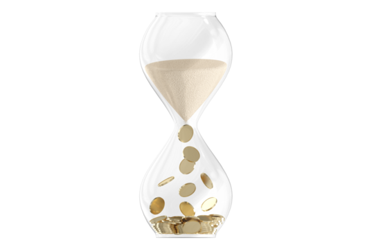 Egg timer with flowing sand into money - Powered by Adobe