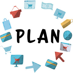 Plan text amidst various web icons