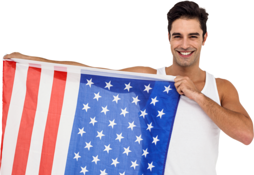 Athlete posing with american flag - Powered by Adobe