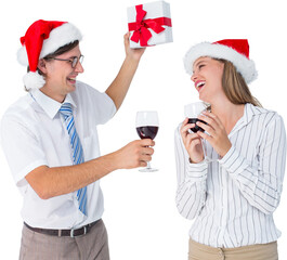 Happy geeky hipster couple drinking red wine