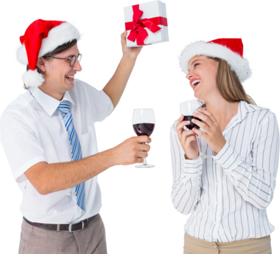 Happy geeky hipster couple drinking red wine - Powered by Adobe