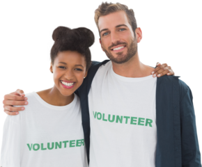 Portrait of two young volunteers with arms around