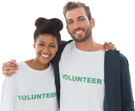 Portrait of two young volunteers with arms around