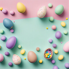 Fototapeta na wymiar colorful easter eggs on a paste green and pink background with copy - space in the center is surrounded by scattered specs. Generative AI