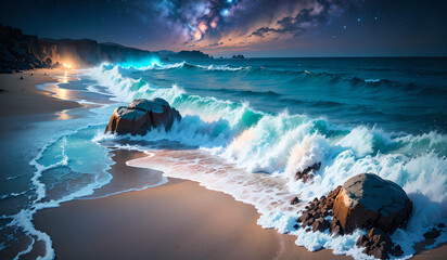 Photo of a nocturnal seascape with powerful waves breaking on the shore