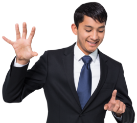 Smiling businessman holding and pointing