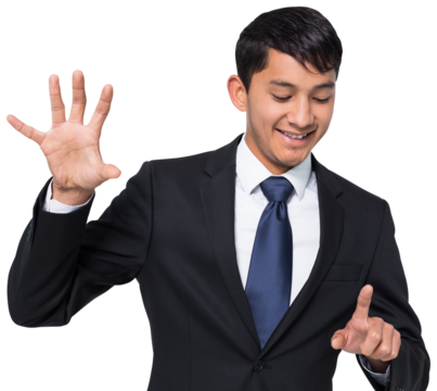 Smiling businessman holding and pointing