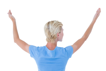 Blonde woman gesturing back to camera