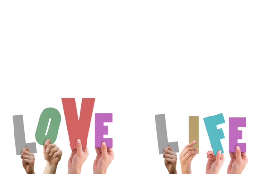 Cropped hands holding colorful words love and life - Powered by Adobe