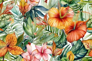 tropical flowers and leaves painted in watercolor. Generative AI